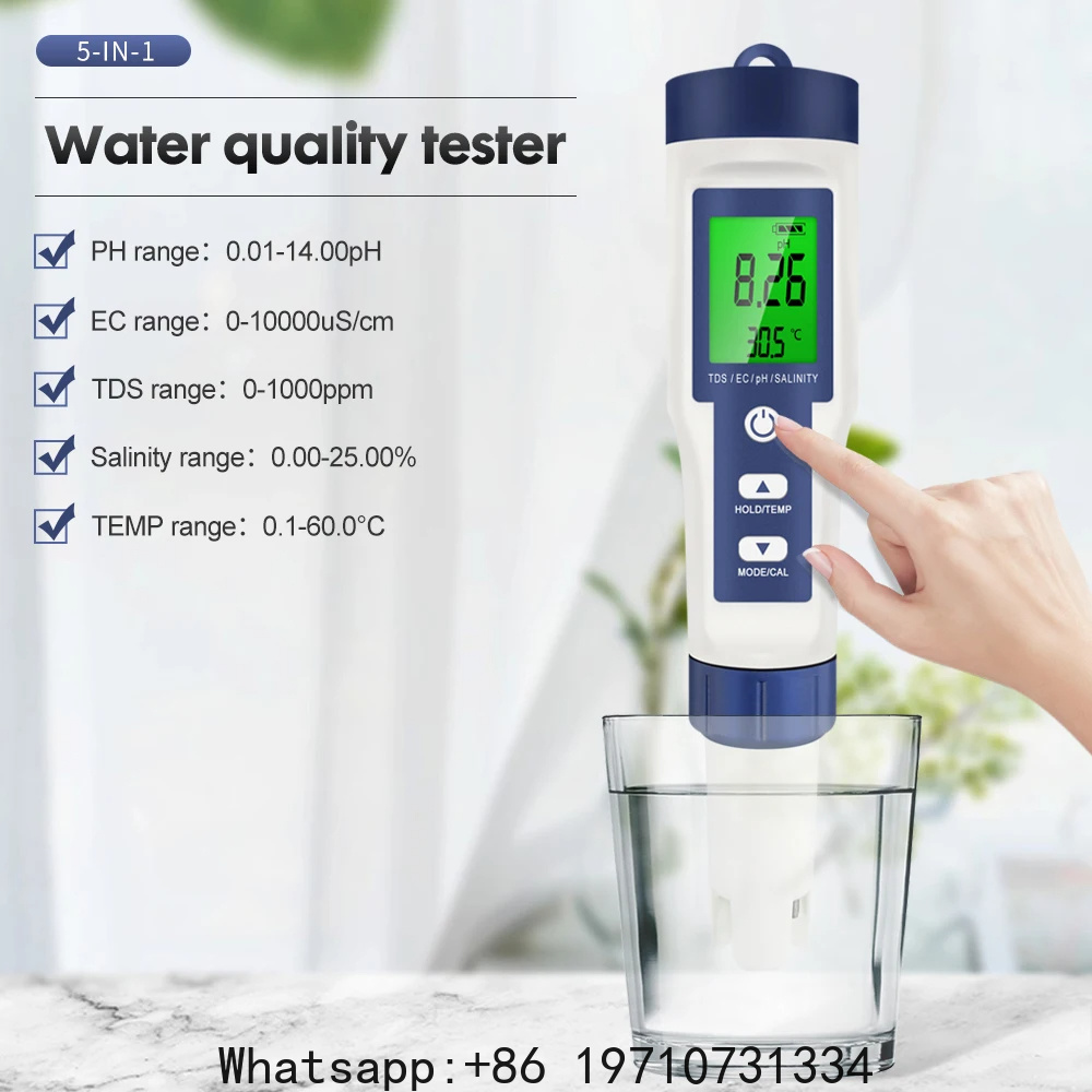 Water Testing Kit - 5-in-1-Digital-PH-Meter, TDS-EC-Salzgehalt-Temperaturmessgerät, Leitfähigkeitsmessgerät, Filterreinheits-Wasserqualitätsdetektor